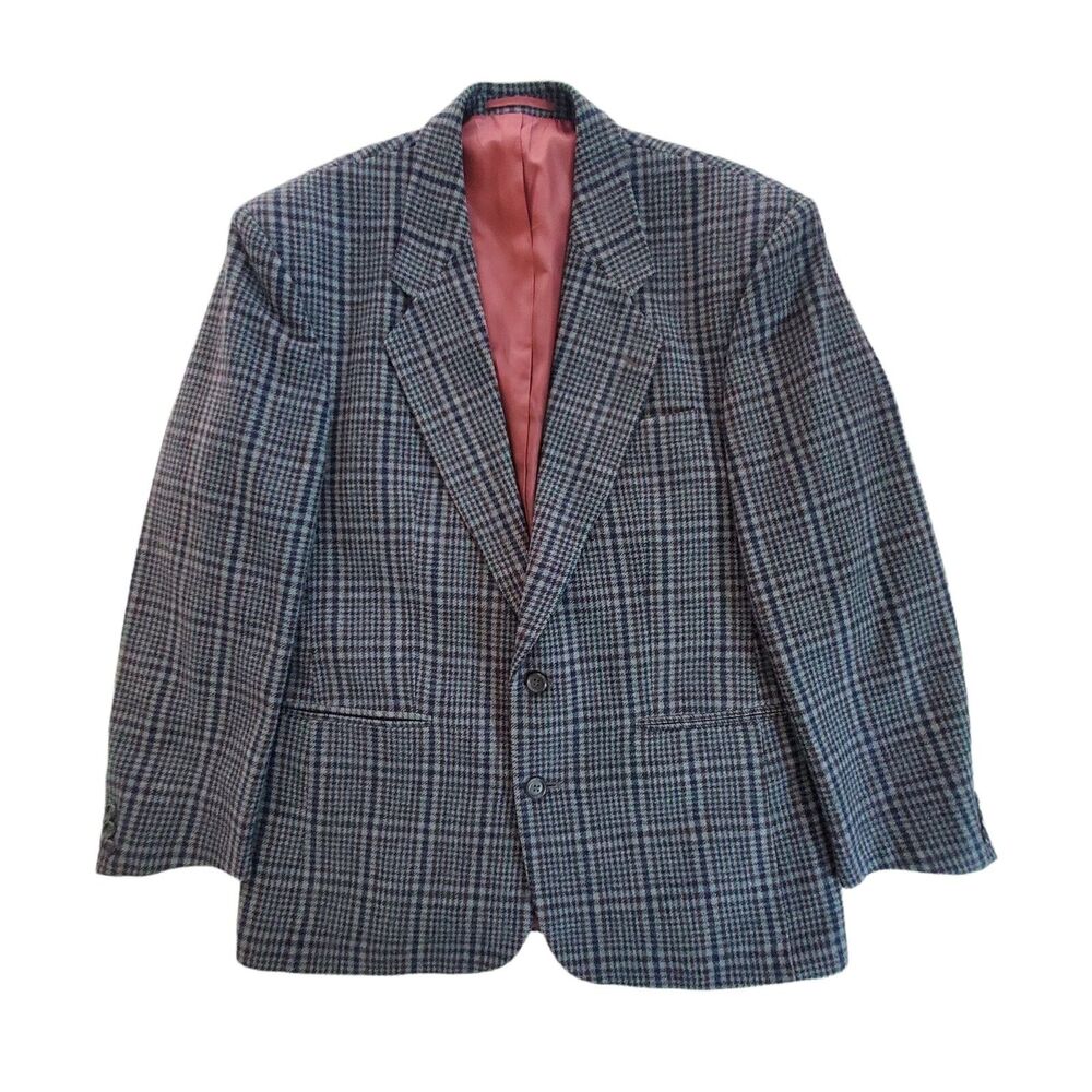 Classic Atlas Men's Size 42R Gray Blue Plaid Pure‎ Lambswool Coat Blazer Jacket